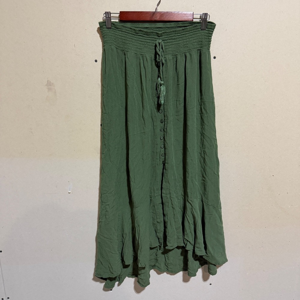 Pink Laundry Olive Green Button Front Maxi Skirt Smocked Waist Tassel Boho Small